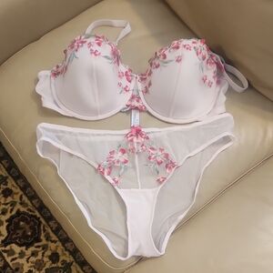 Adore Me White Bra and Sheer Panty Set with Pink Floral Embroidery